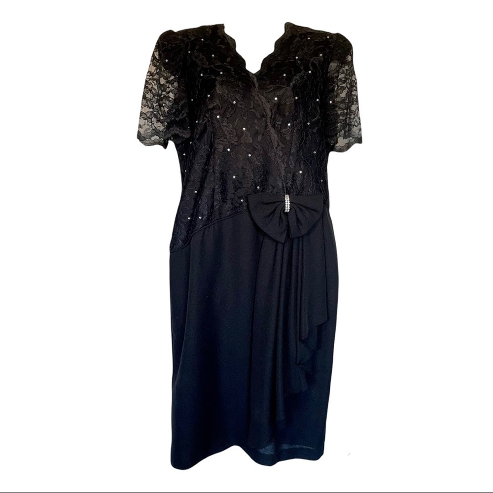 David Rose 80s Vintage Black Lace Dress Bow Fancy Wedding Shoulder Pads Burnout